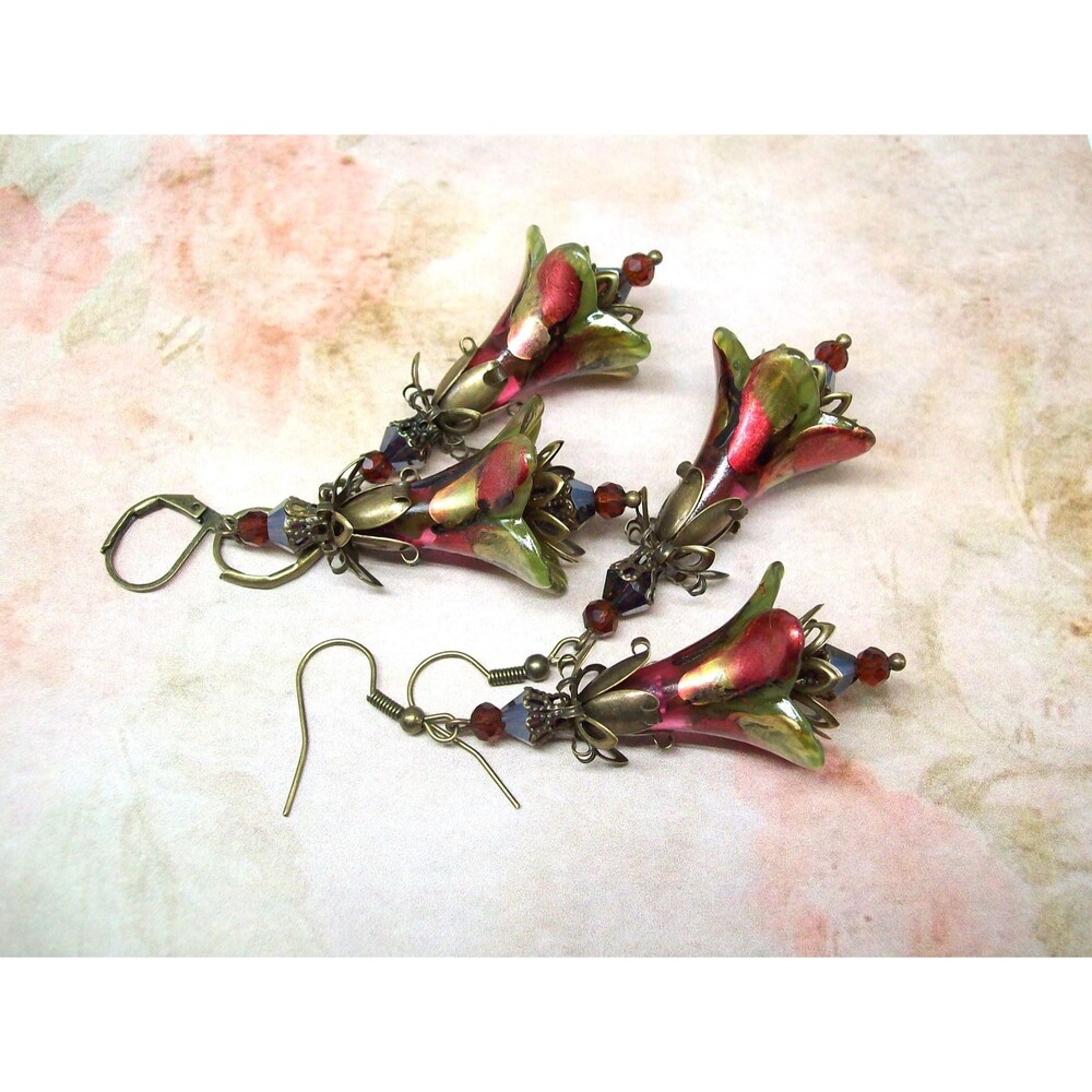 Art Nouveau Earrings Vintage Style. Hand Painted Artisan Crafted Floral Jewelry